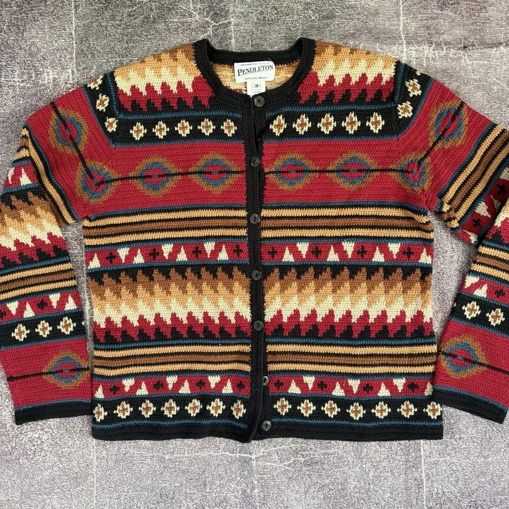 Women's Vintage Y2K Pendleton Tribal Aztec Red Button Up Cardigan Sweater Sz M